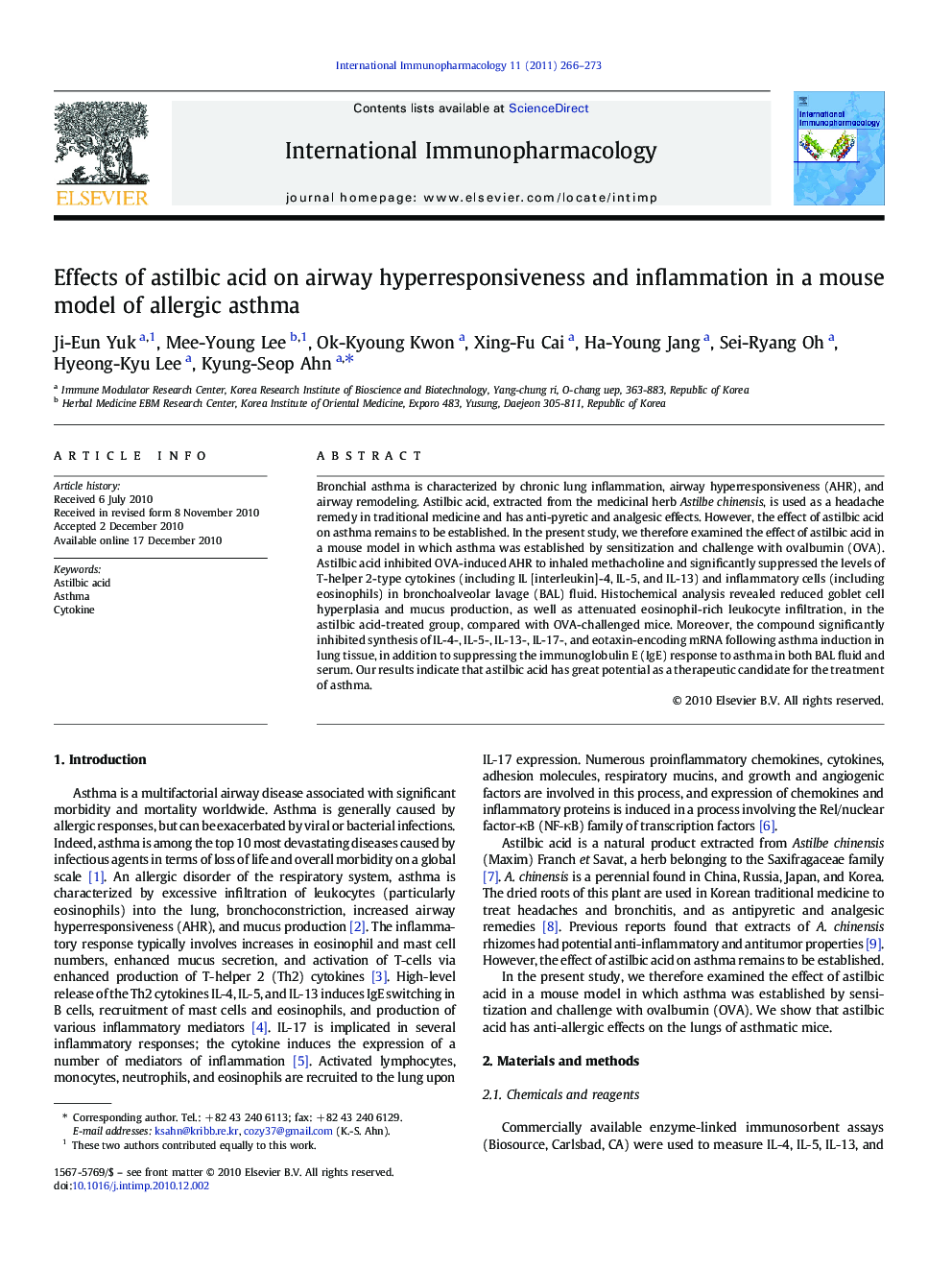 عکس صفحه اول مقاله: Effects of astilbic acid on airway hyperresponsiveness and inflammation in a mouse model of allergic asthma Effects of astilbic acid on airway hyperresponsiveness and inflammation in a mouse model of allergic asthma