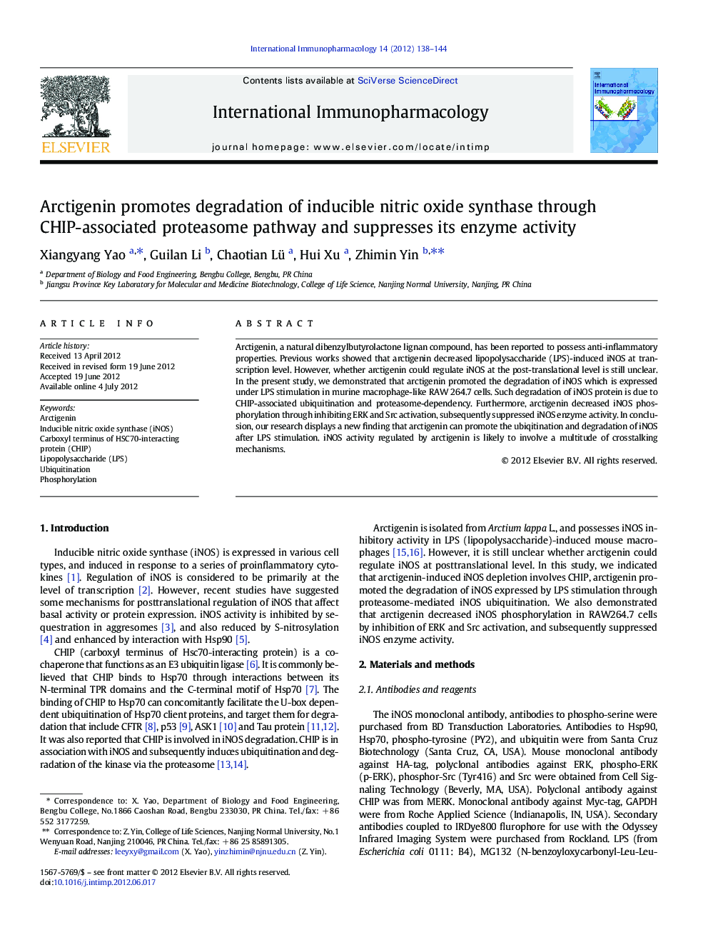 Arctigenin promotes degradation of inducible nitric oxide synthase through CHIP-associated proteasome pathway and suppresses its enzyme activity