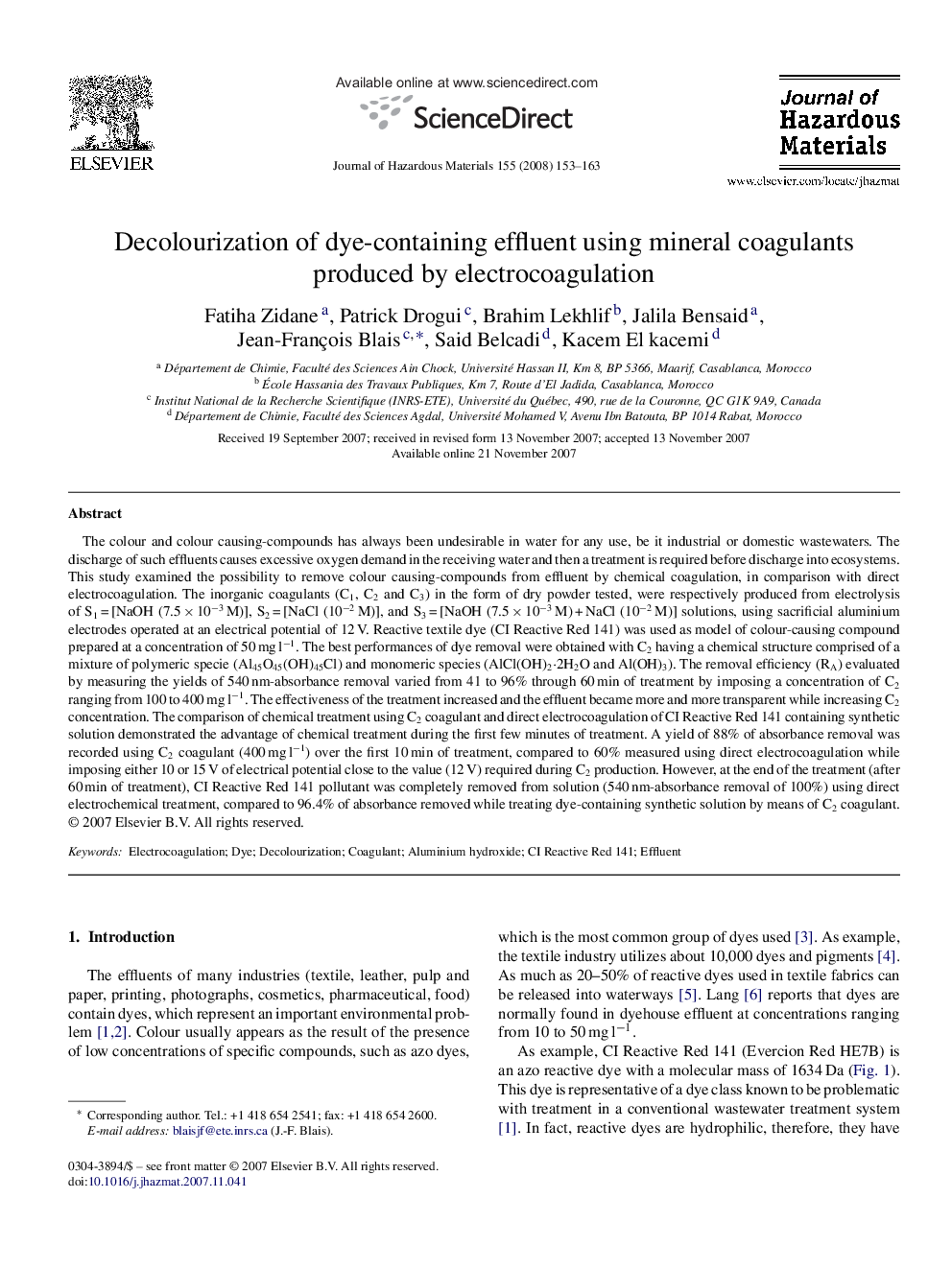 Decolourization of dye-containing effluent using mineral coagulants produced by electrocoagulation