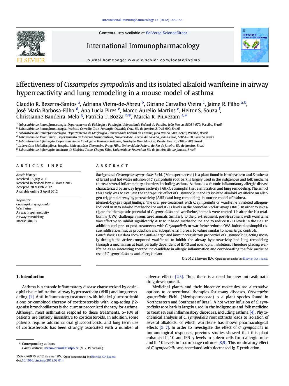 Effectiveness of Cissampelos sympodialis and its isolated alkaloid warifteine in airway hyperreactivity and lung remodeling in a mouse model of asthma