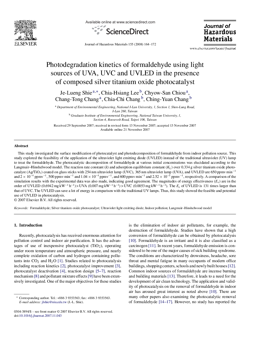 Photodegradation kinetics of formaldehyde using light sources of UVA, UVC and UVLED in the presence of composed silver titanium oxide photocatalyst