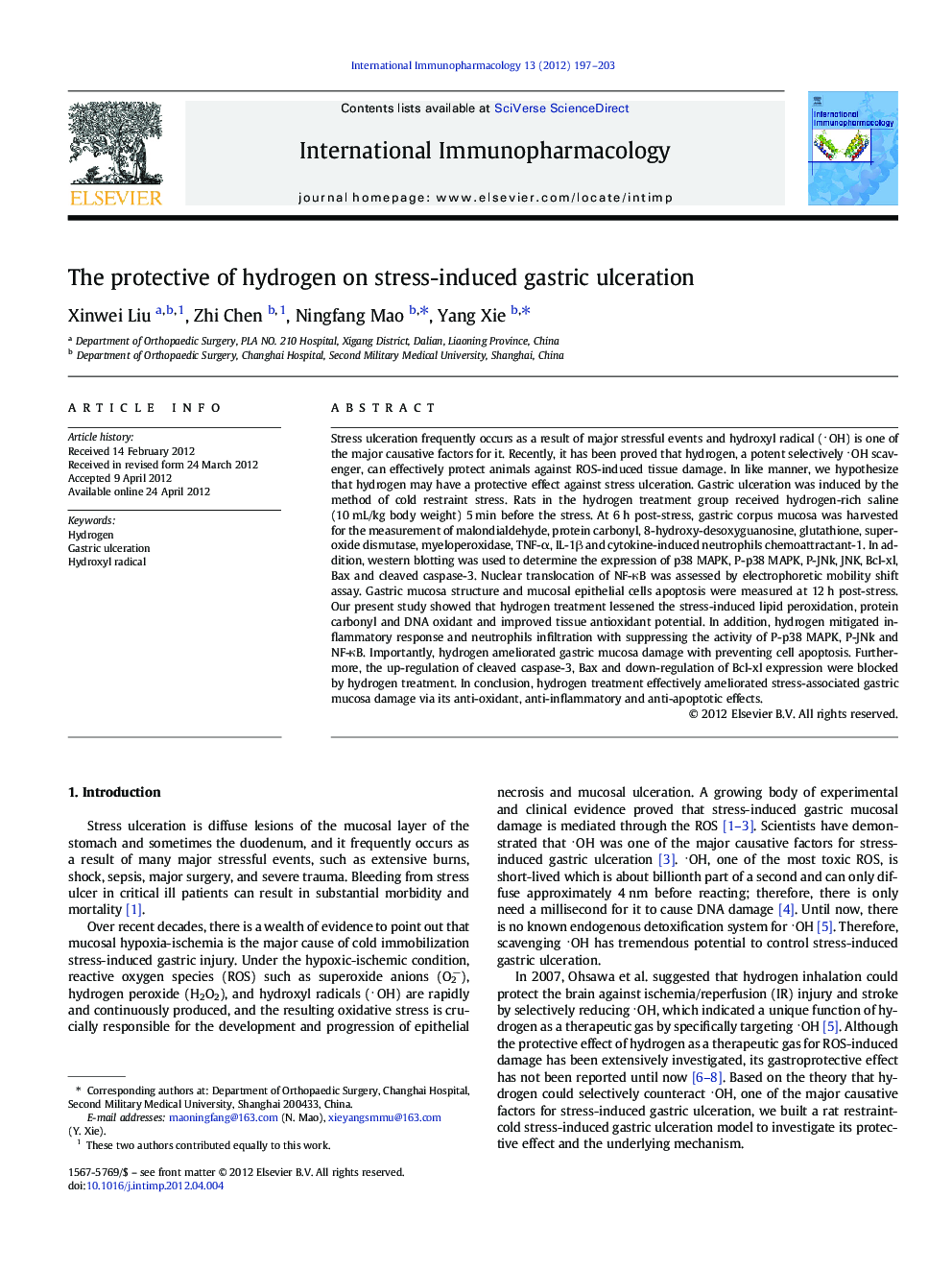 The protective of hydrogen on stress-induced gastric ulceration