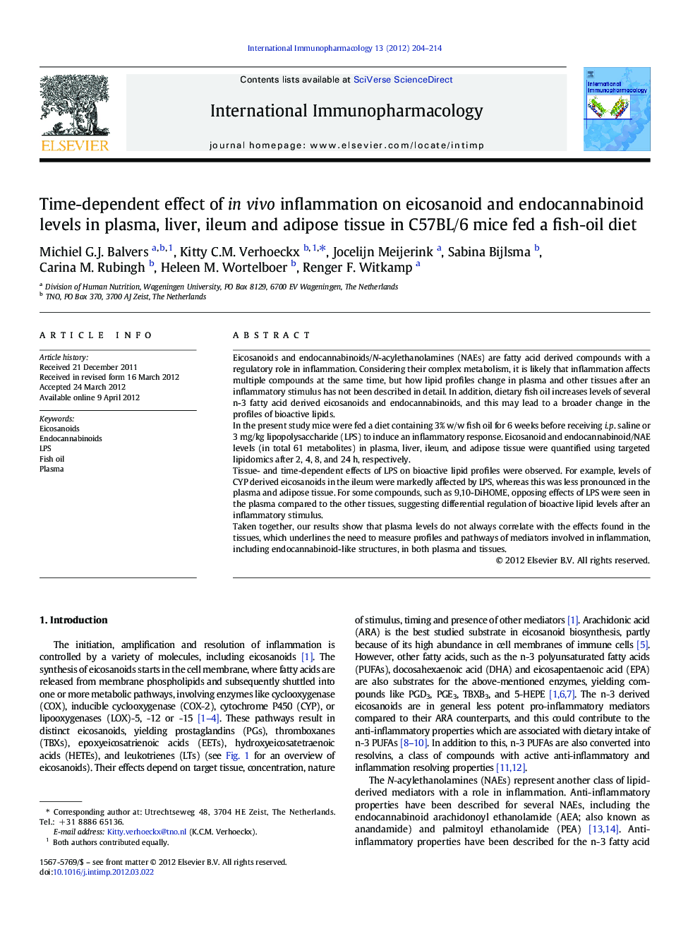 Time-dependent effect of in vivo inflammation on eicosanoid and endocannabinoid levels in plasma, liver, ileum and adipose tissue in C57BL/6 mice fed a fish-oil diet