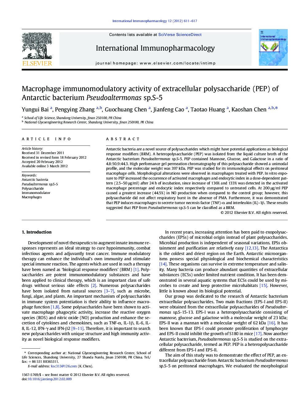 Macrophage immunomodulatory activity of extracellular polysaccharide (PEP) of Antarctic bacterium Pseudoaltermonas sp.S-5