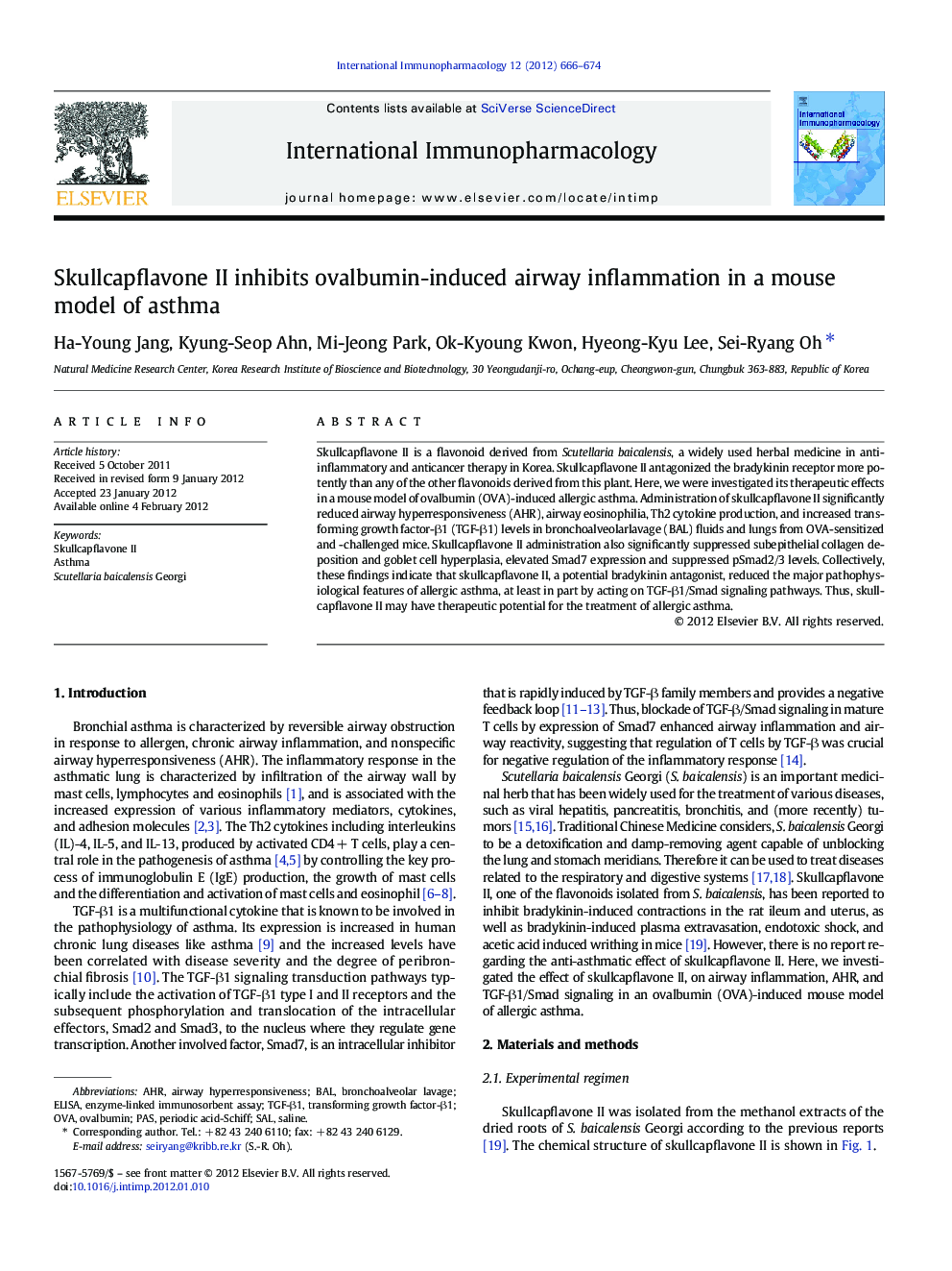 Skullcapflavone II inhibits ovalbumin-induced airway inflammation in a mouse model of asthma