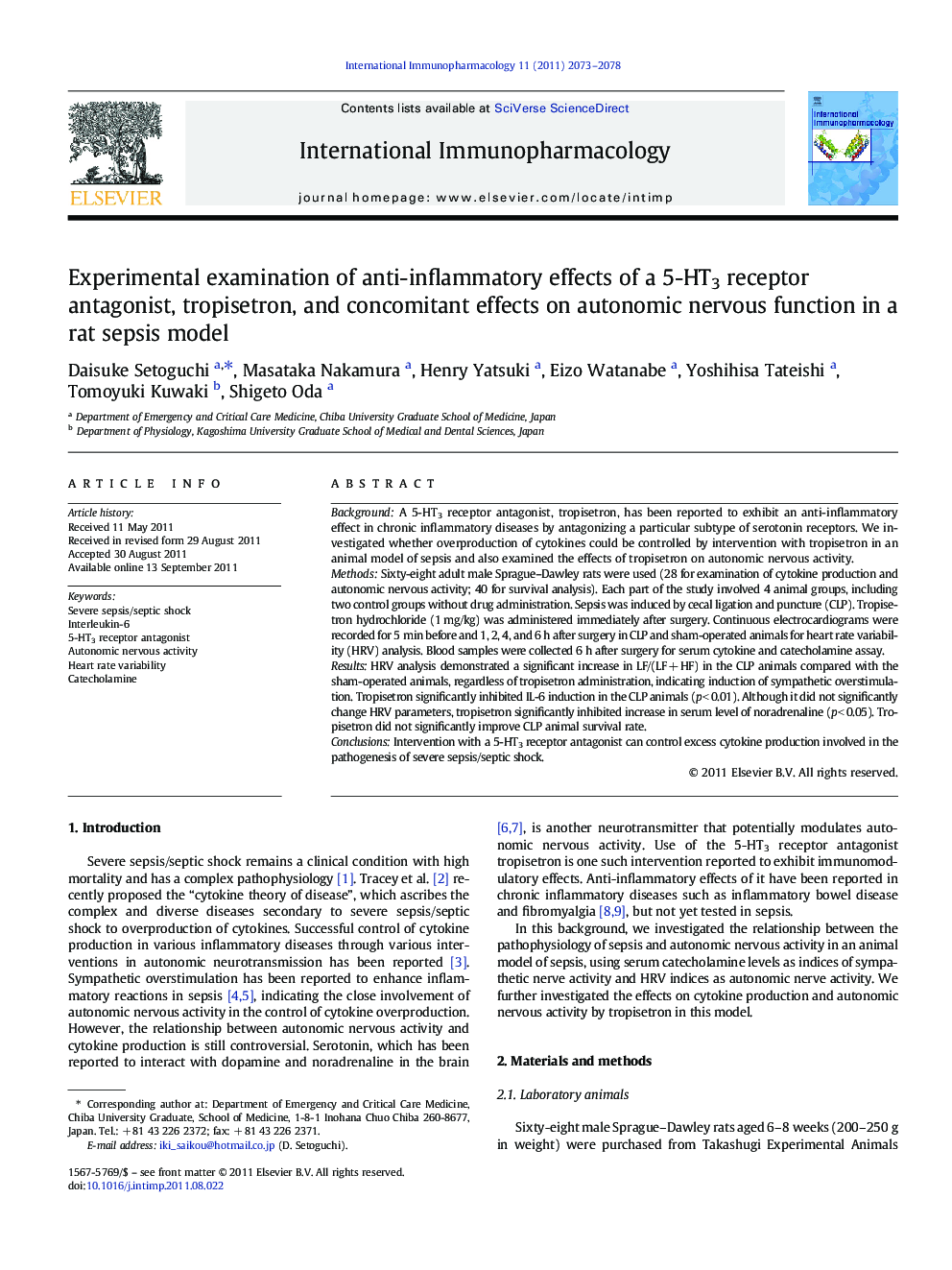 Experimental examination of anti-inflammatory effects of a 5-HT3 receptor antagonist, tropisetron, and concomitant effects on autonomic nervous function in a rat sepsis model