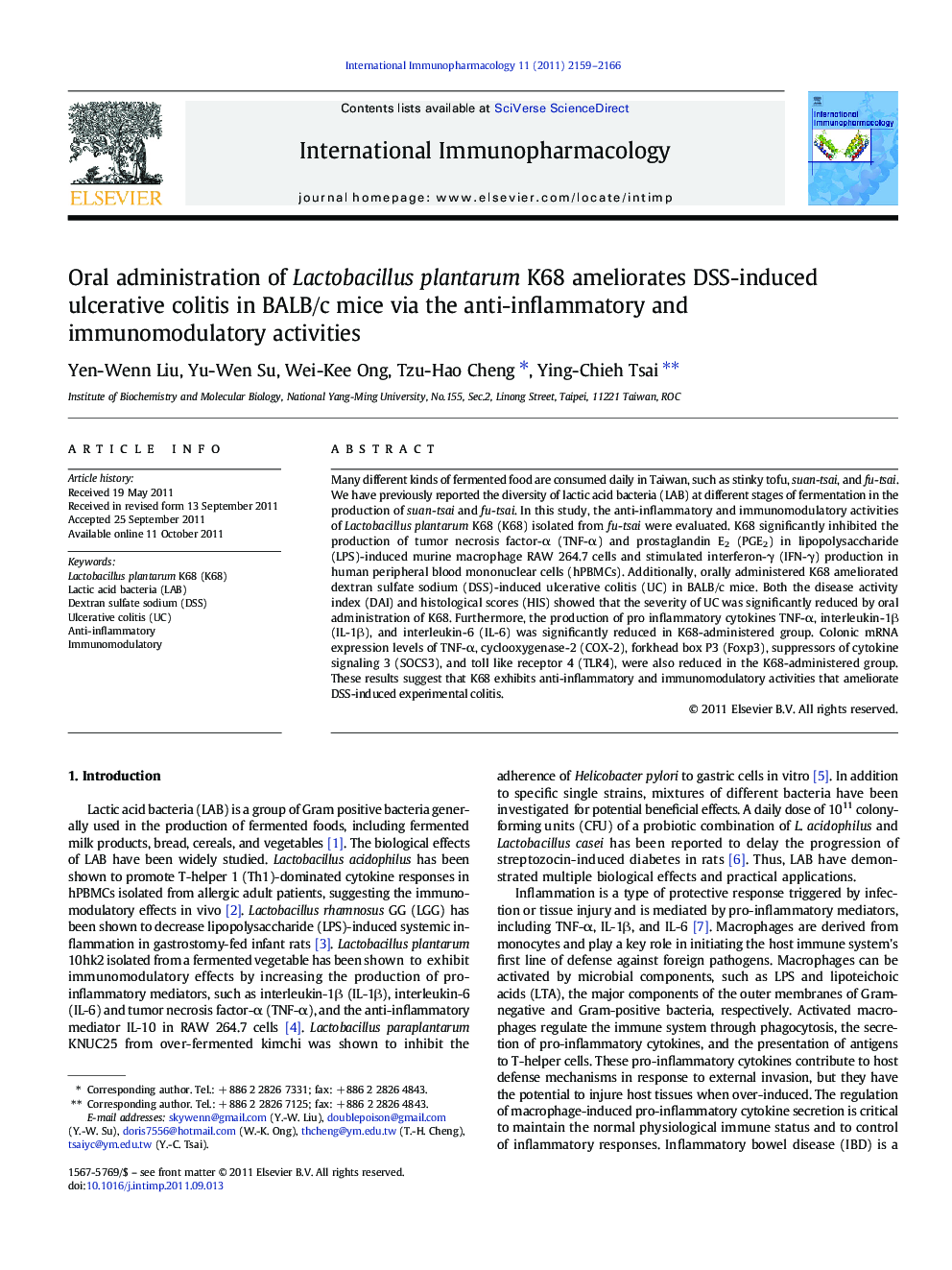 Oral administration of Lactobacillus plantarum K68 ameliorates DSS-induced ulcerative colitis in BALB/c mice via the anti-inflammatory and immunomodulatory activities