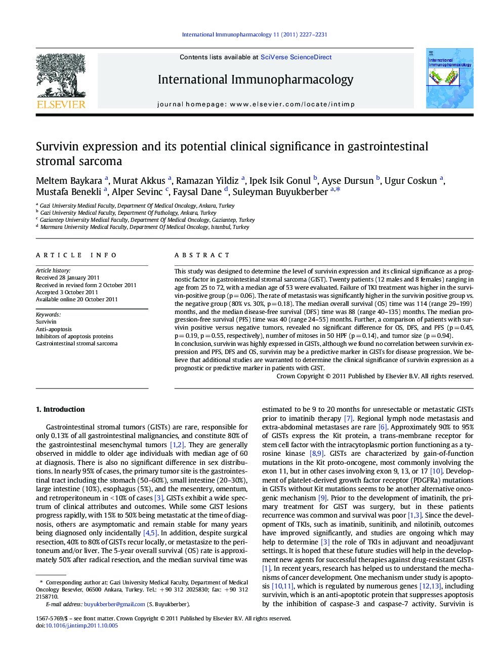 Survivin expression and its potential clinical significance in gastrointestinal stromal sarcoma