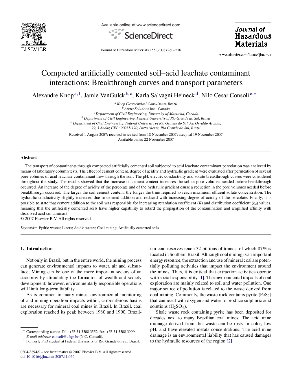 Compacted artificially cemented soil-acid leachate contaminant interactions: Breakthrough curves and transport parameters