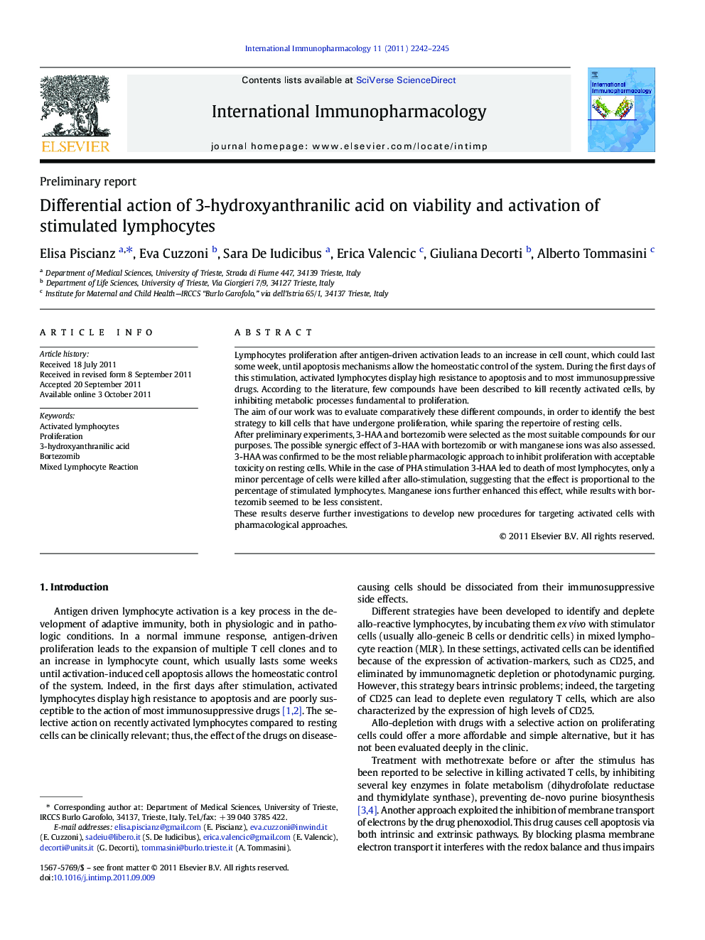 Differential action of 3-hydroxyanthranilic acid on viability and activation of stimulated lymphocytes