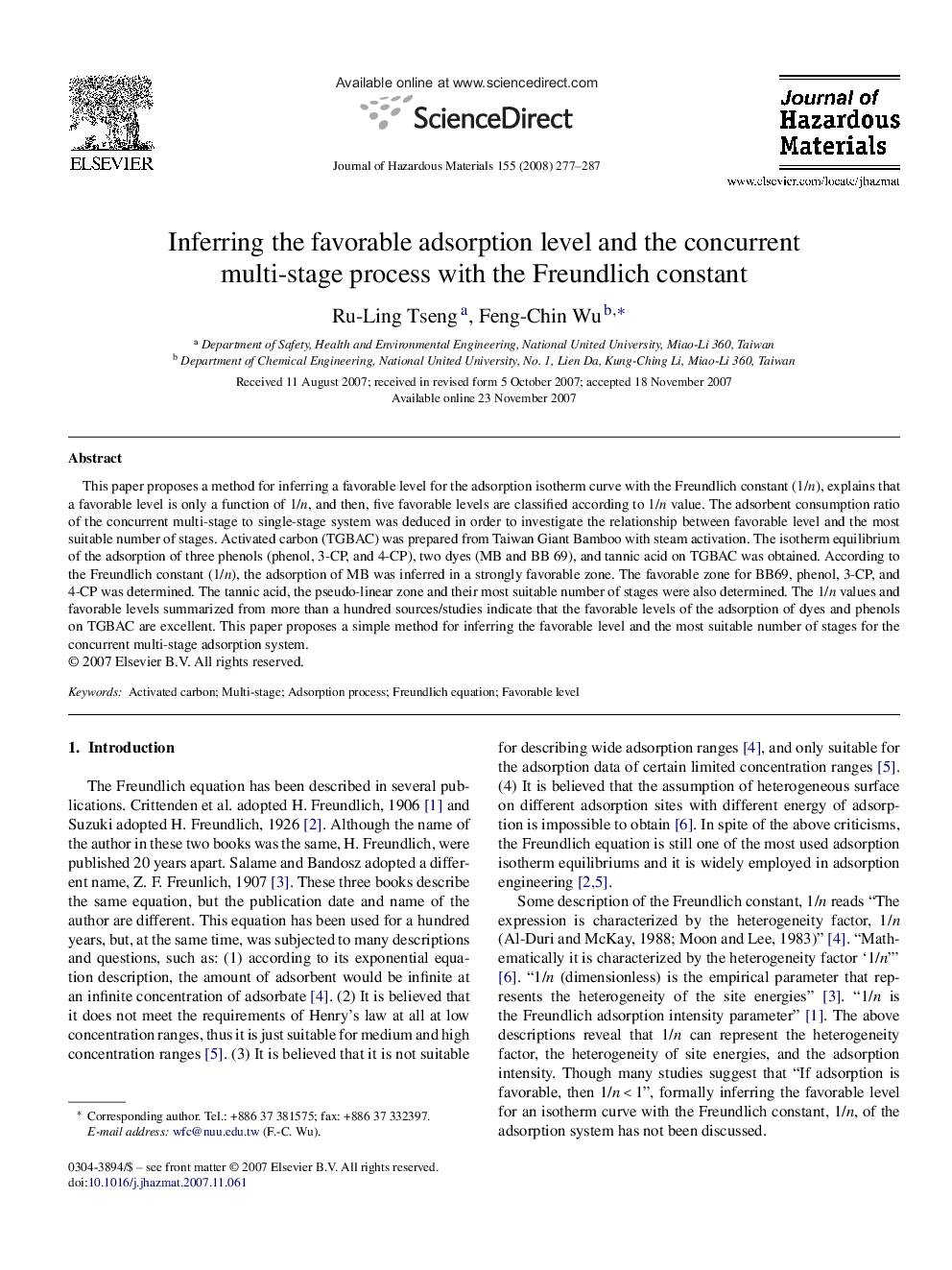 Inferring the favorable adsorption level and the concurrent multi-stage process with the Freundlich constant