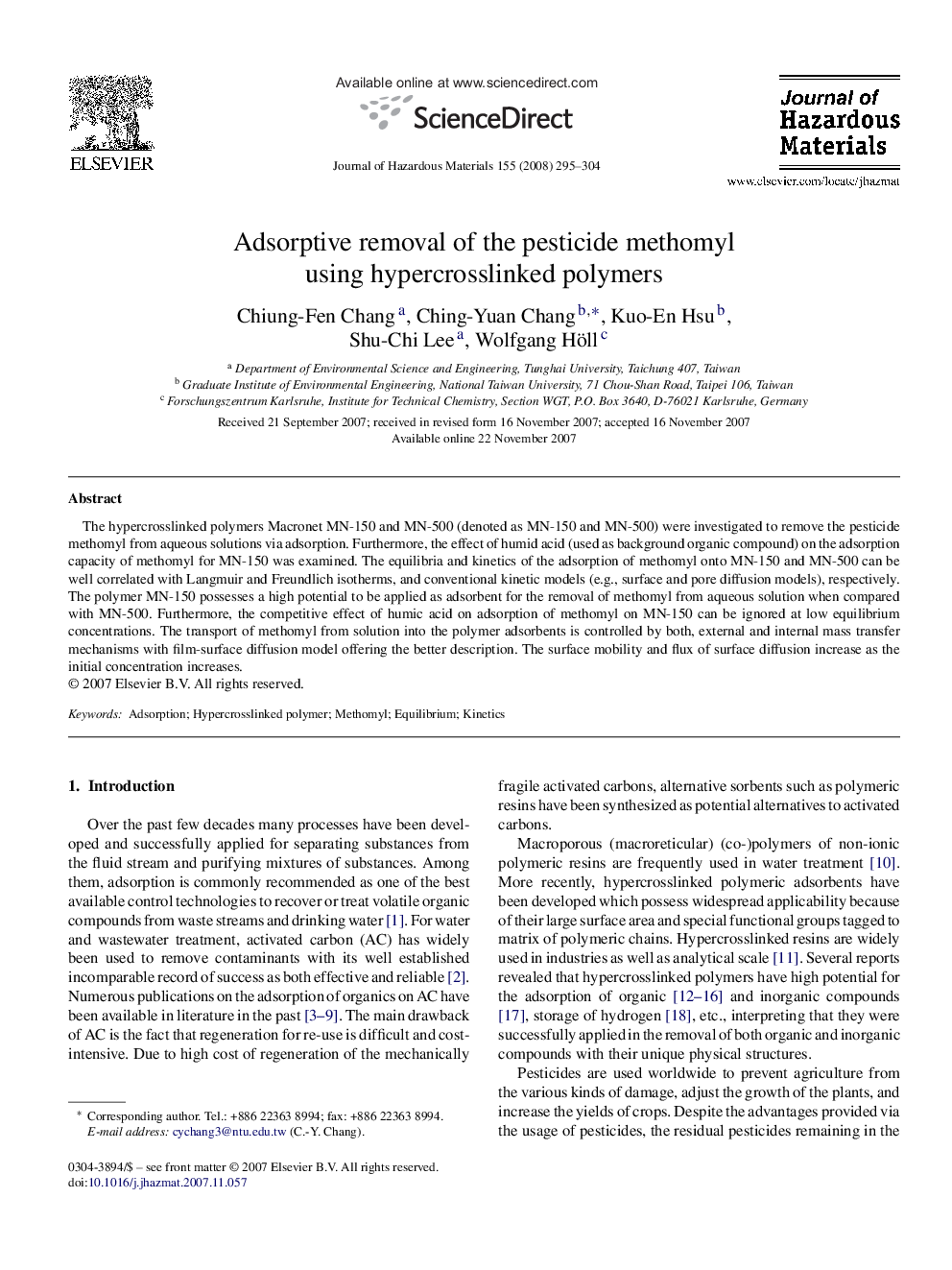 Adsorptive removal of the pesticide methomyl using hypercrosslinked polymers