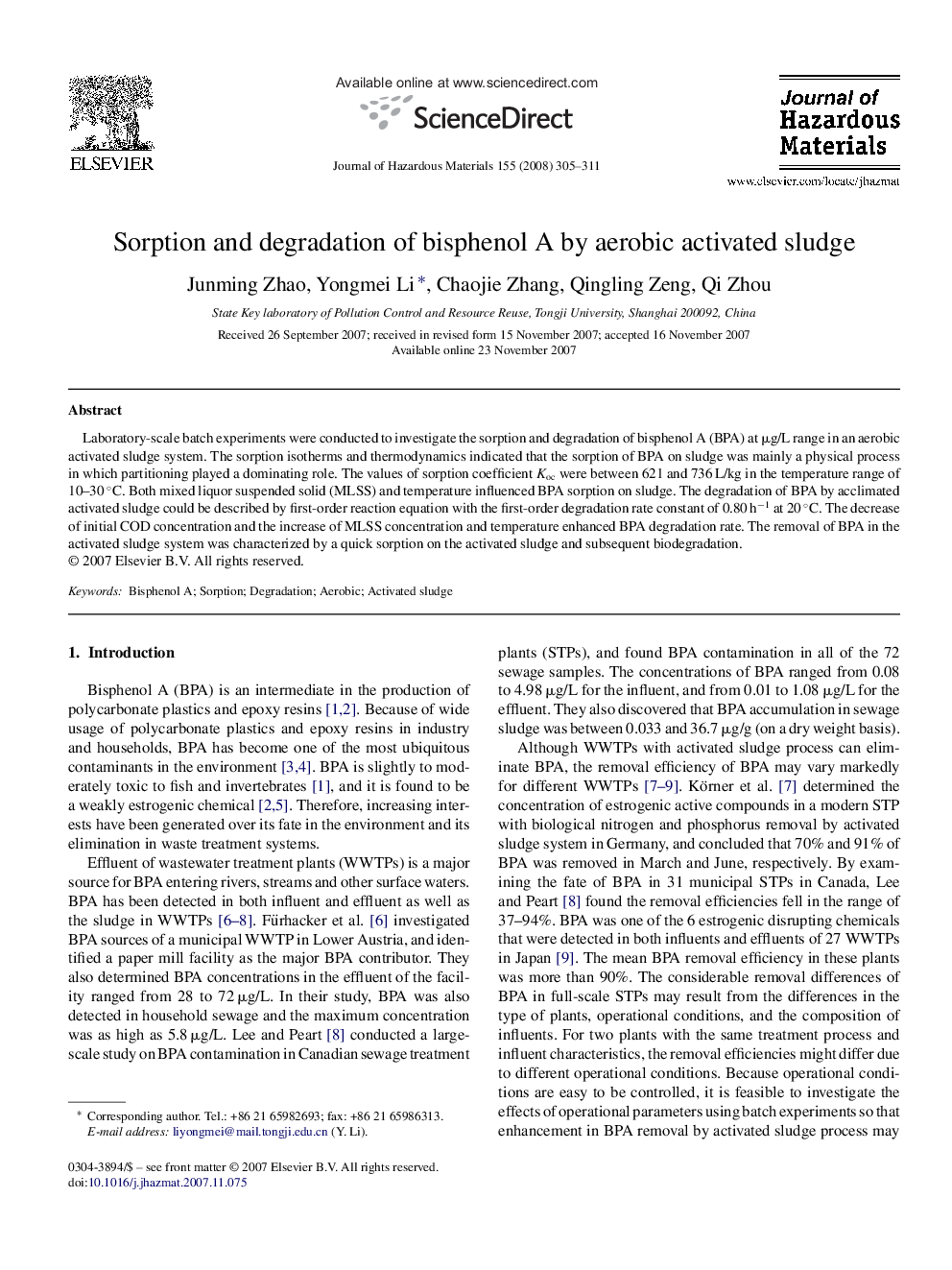 Sorption and degradation of bisphenol A by aerobic activated sludge