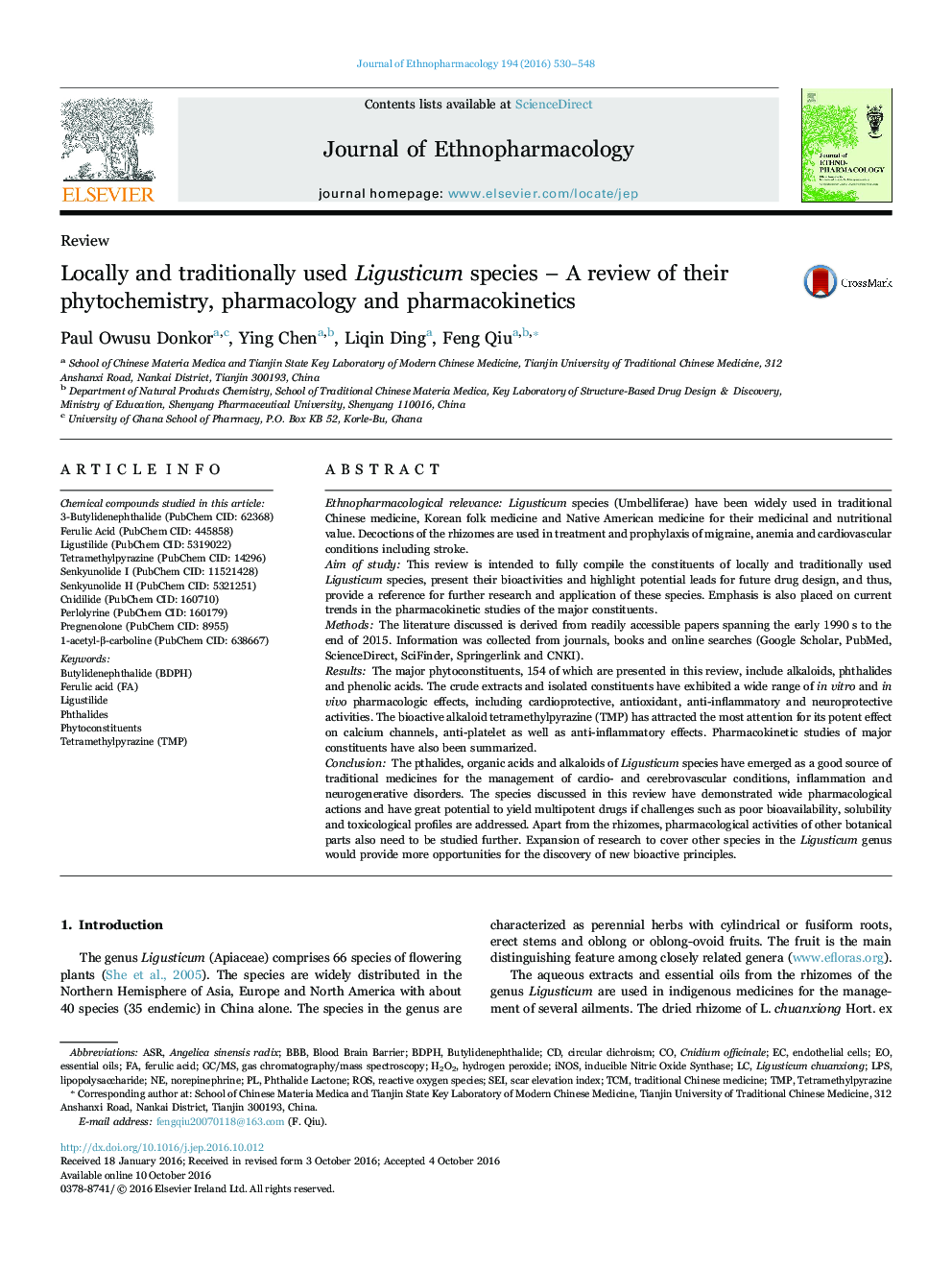 Locally and traditionally used Ligusticum species - A review of their phytochemistry, pharmacology and pharmacokinetics