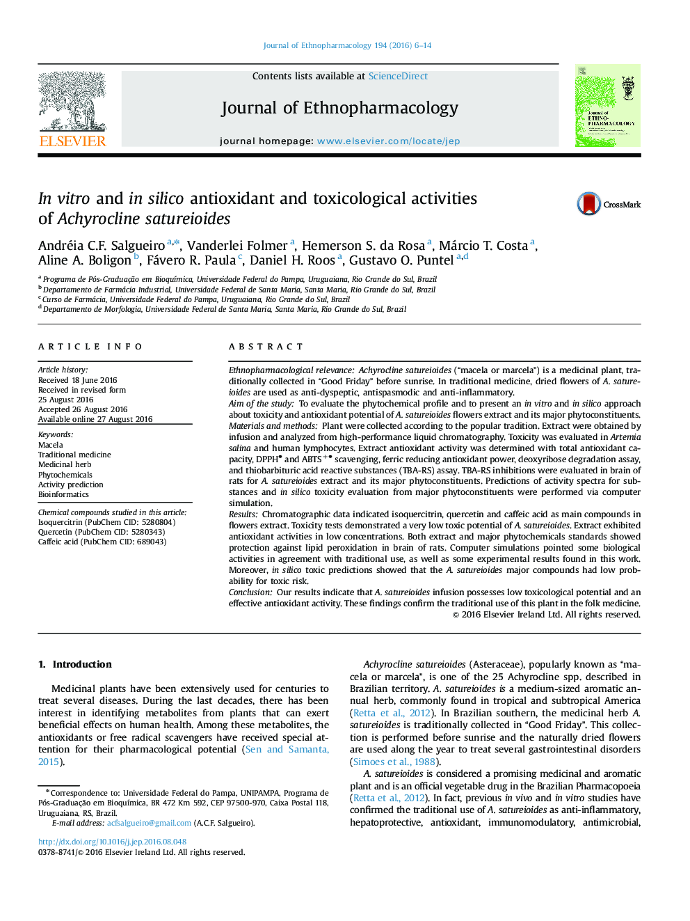 In vitro and in silico antioxidant and toxicological activities of Achyrocline satureioides