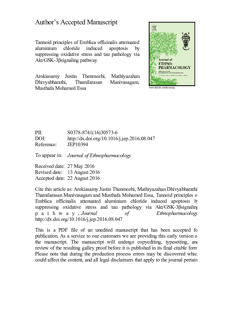 Tannoid principles of Emblica officinalis attenuated aluminum chloride induced apoptosis by suppressing oxidative stress and tau pathology via Akt/GSK-3Î²signaling pathway