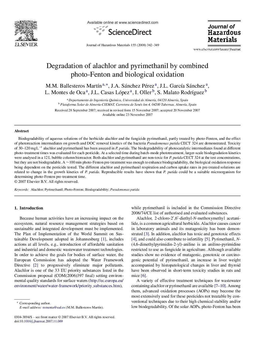 Degradation of alachlor and pyrimethanil by combined photo-Fenton and biological oxidation