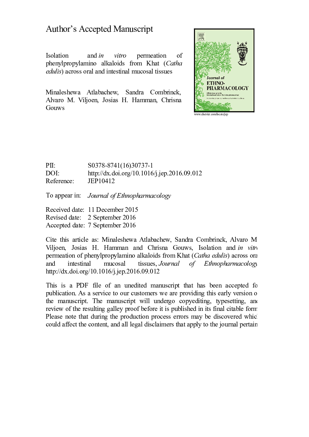 Isolation and in vitro permeation of phenylpropylamino alkaloids from Khat (Catha edulis) across oral and intestinal mucosal tissues