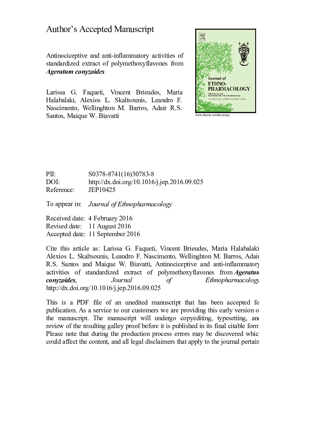 Antinociceptive and anti-inflammatory activities of standardized extract of polymethoxyflavones from Ageratum conyzoides