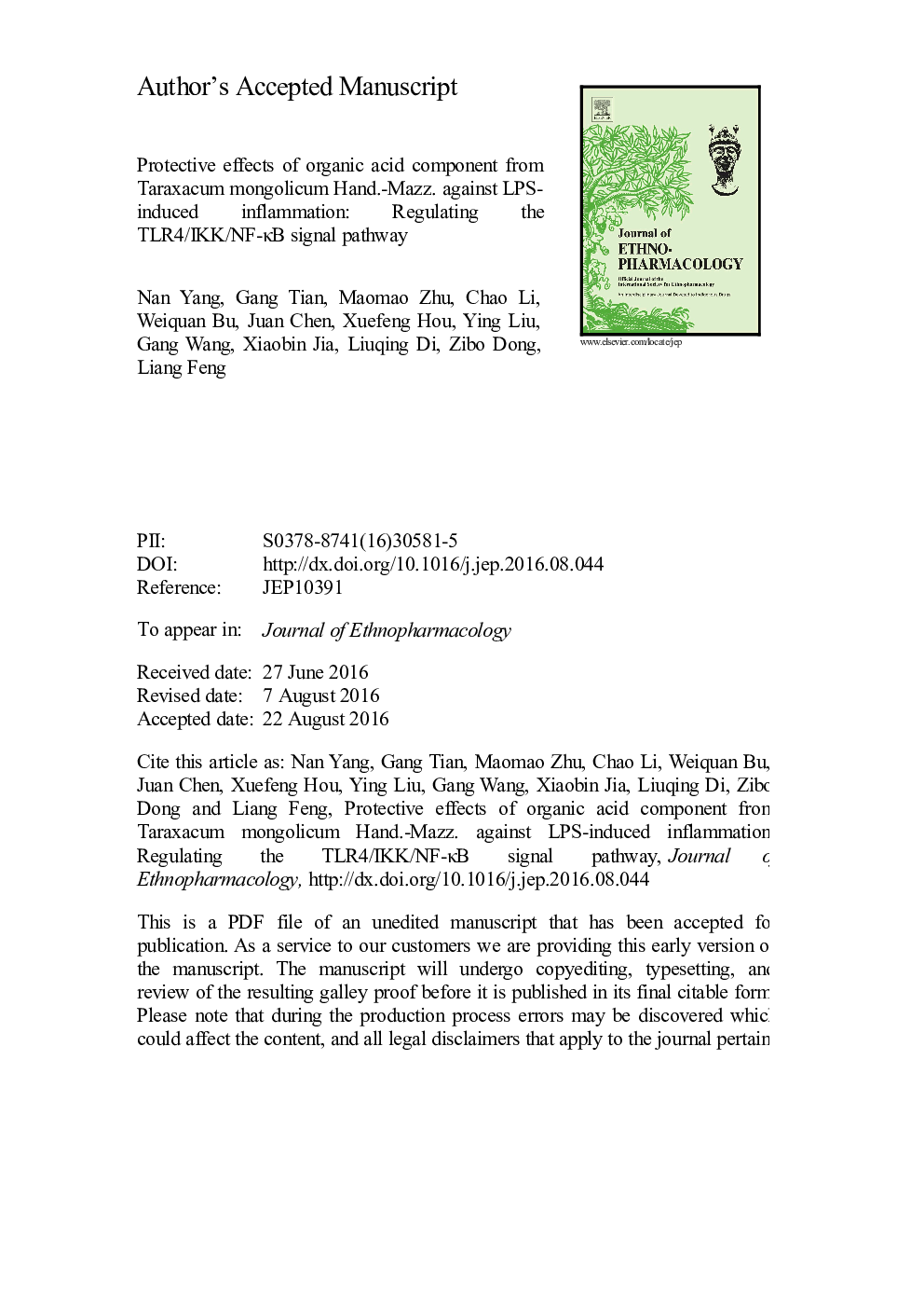 Protective effects of organic acid component from Taraxacum mongolicum Hand.-Mazz. against LPS-induced inflammation: Regulating the TLR4/IKK/NF-ÎºB signal pathway