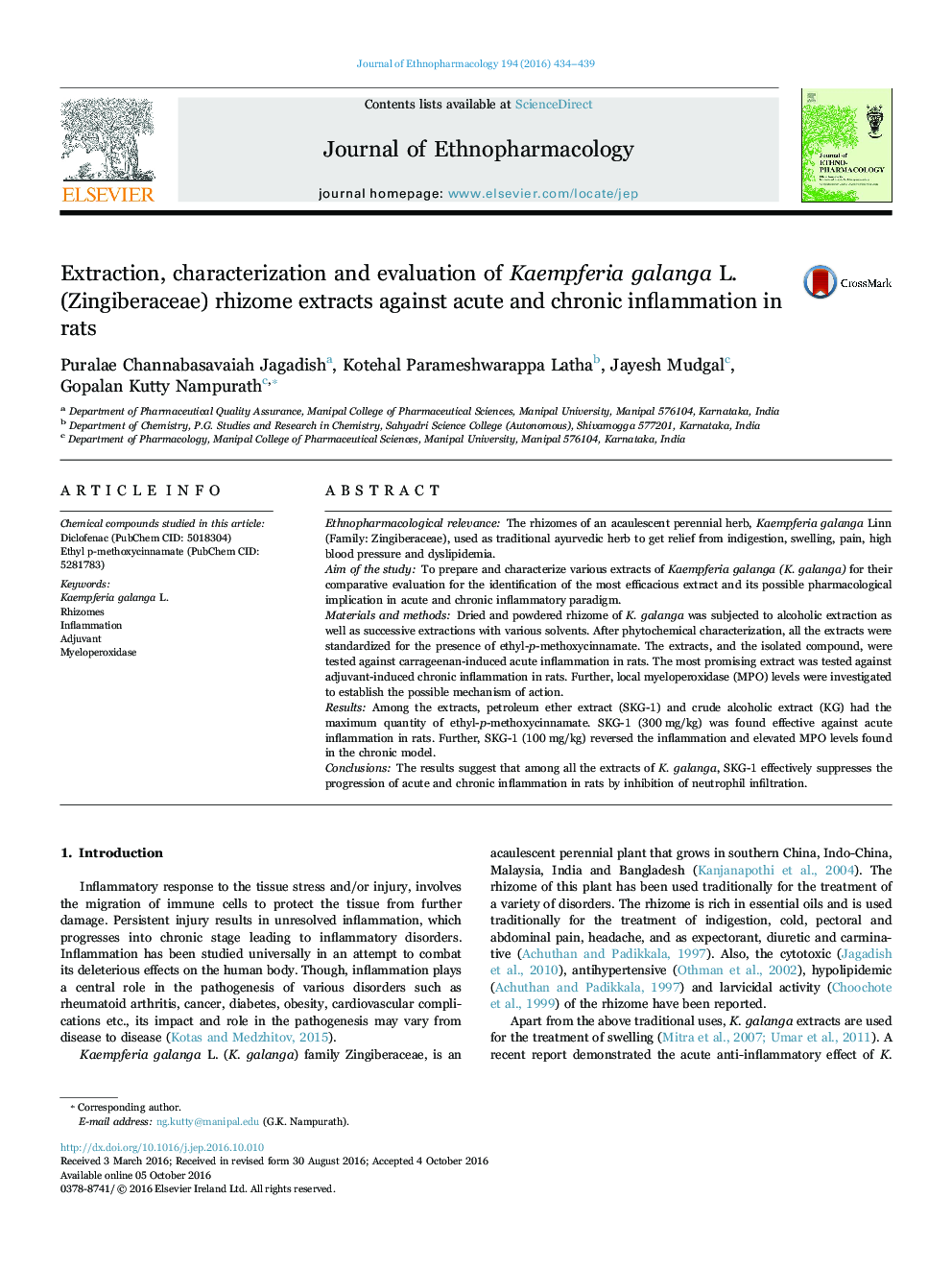 Extraction, characterization and evaluation of Kaempferia galanga L. (Zingiberaceae) rhizome extracts against acute and chronic inflammation in rats