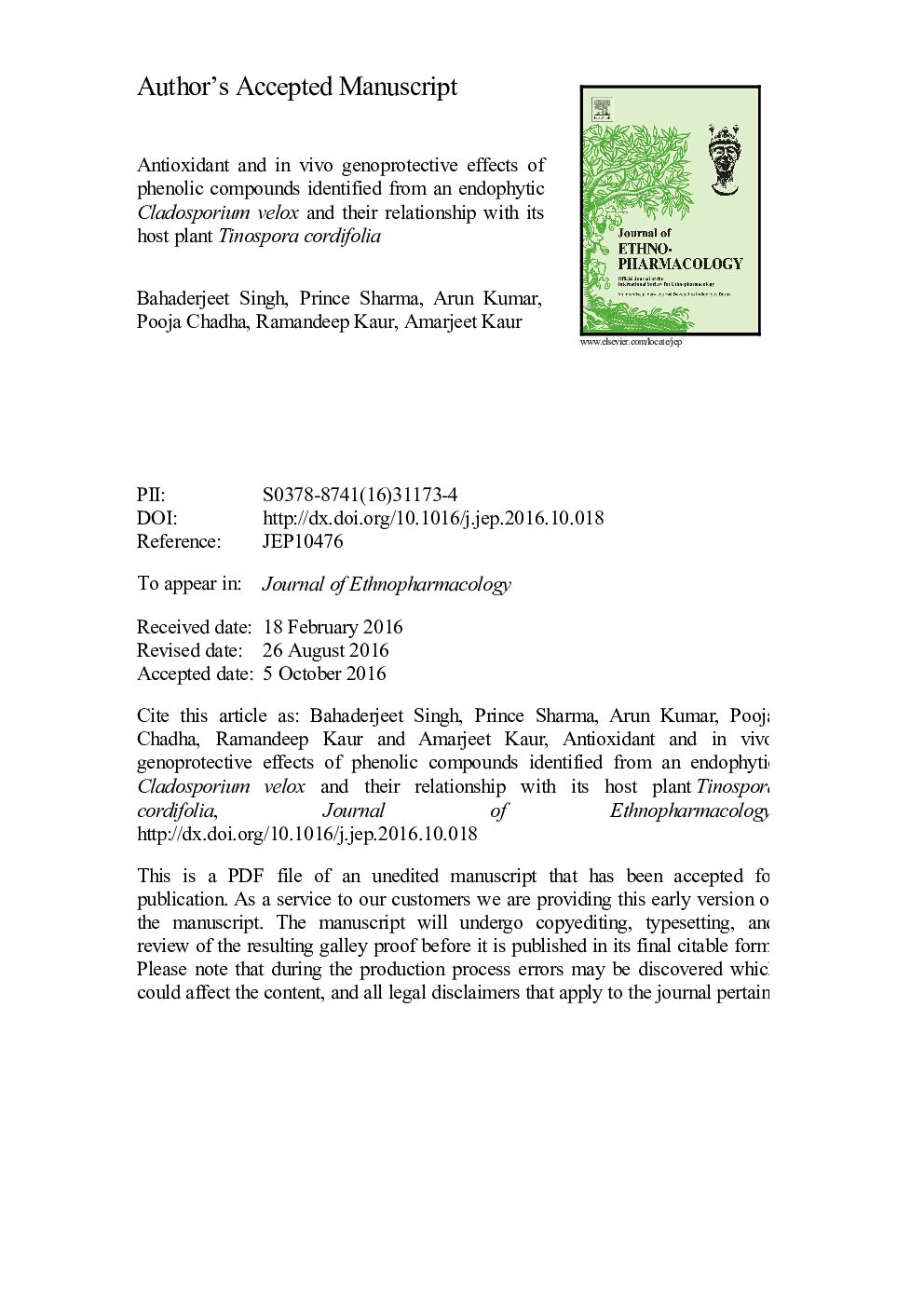 Antioxidant and in vivo genoprotective effects of phenolic compounds identified from an endophytic Cladosporium velox and their relationship with its host plant Tinospora cordifolia