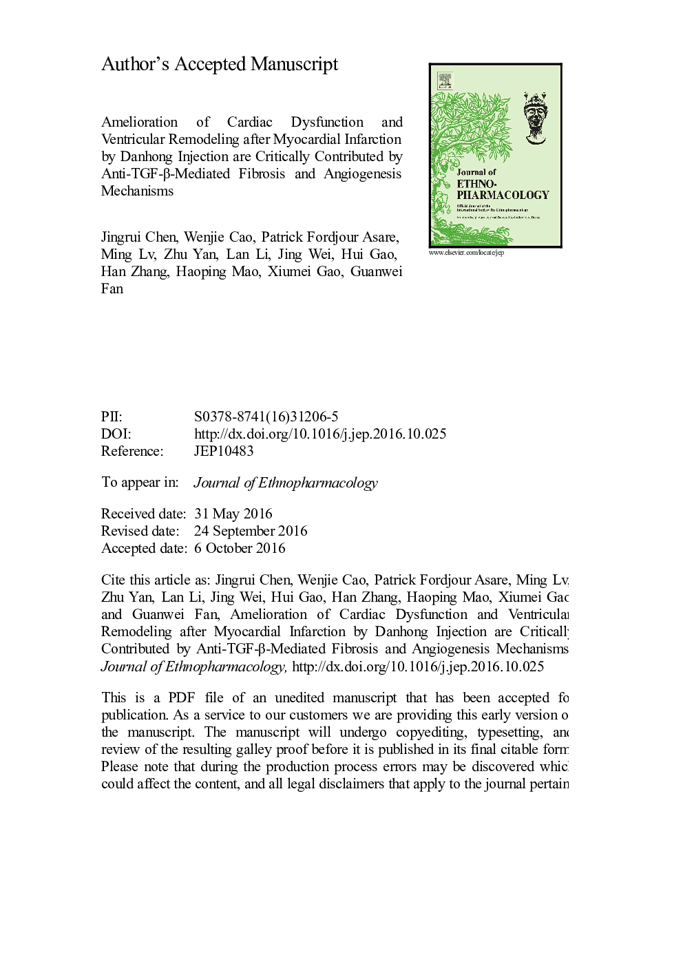 Amelioration of cardiac dysfunction and ventricular remodeling after myocardial infarction by danhong injection are critically contributed by anti-TGF-Î²-mediated fibrosis and angiogenesis mechanisms