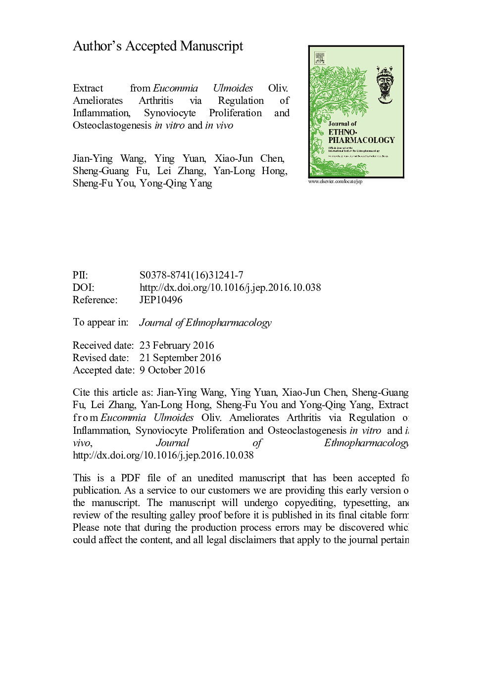 Extract from Eucommia ulmoides Oliv. ameliorates arthritis via regulation of inflammation, synoviocyte proliferation and osteoclastogenesis in vitro and in vivo