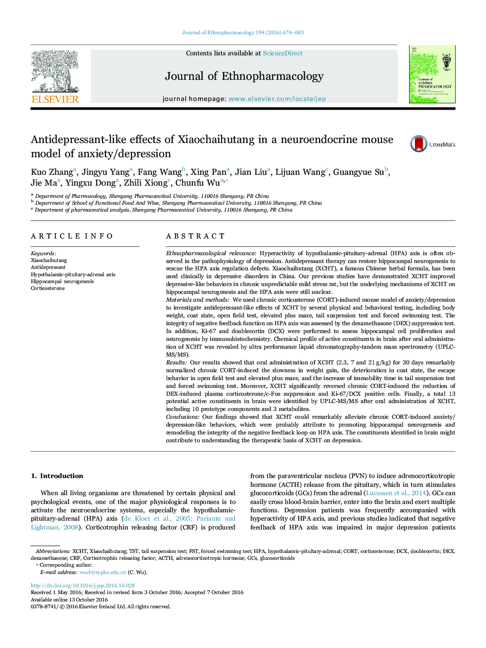 Antidepressant-like effects of Xiaochaihutang in a neuroendocrine mouse model of anxiety/depression