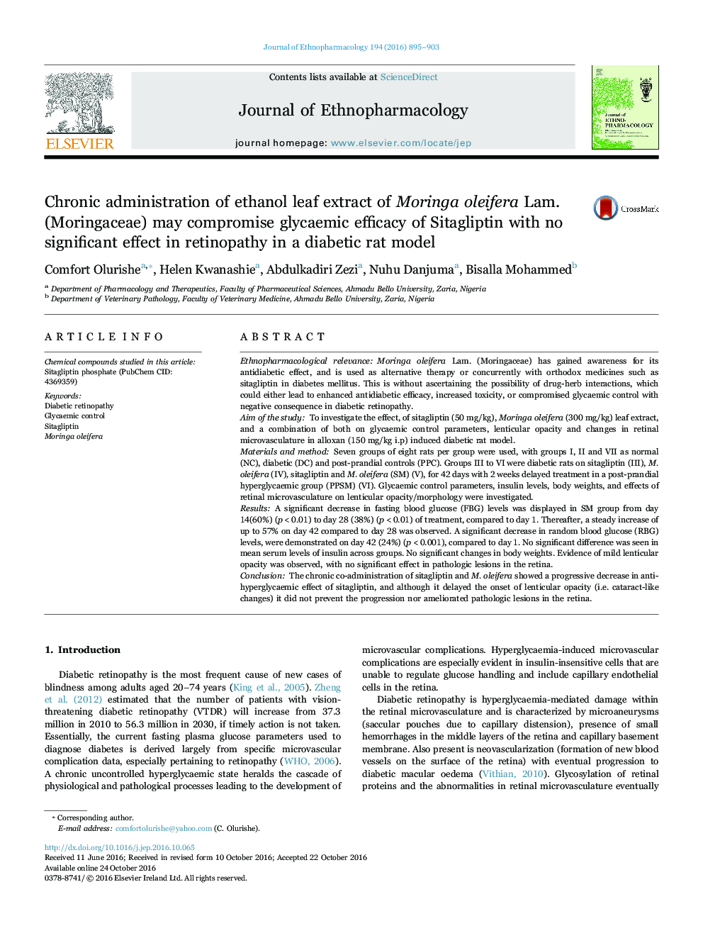 Chronic administration of ethanol leaf extract of Moringa oleifera Lam. (Moringaceae) may compromise glycaemic efficacy of Sitagliptin with no significant effect in retinopathy in a diabetic rat model