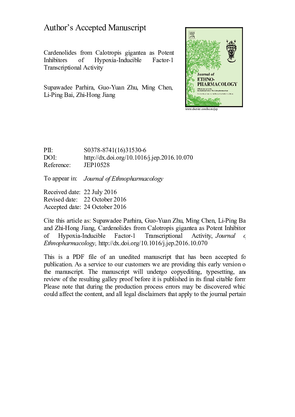 Cardenolides from Calotropis gigantea as potent inhibitors of hypoxia-inducible factor-1 transcriptional activity