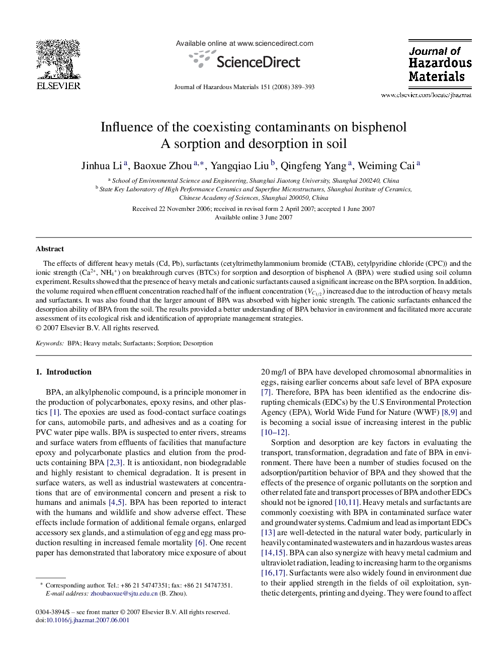 Influence of the coexisting contaminants on bisphenol A sorption and desorption in soil