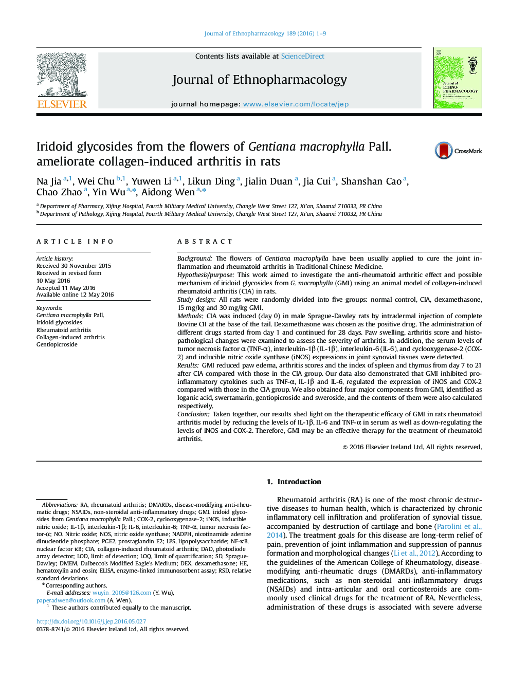 Iridoid glycosides from the flowers of Gentiana macrophylla Pall. ameliorate collagen-induced arthritis in rats