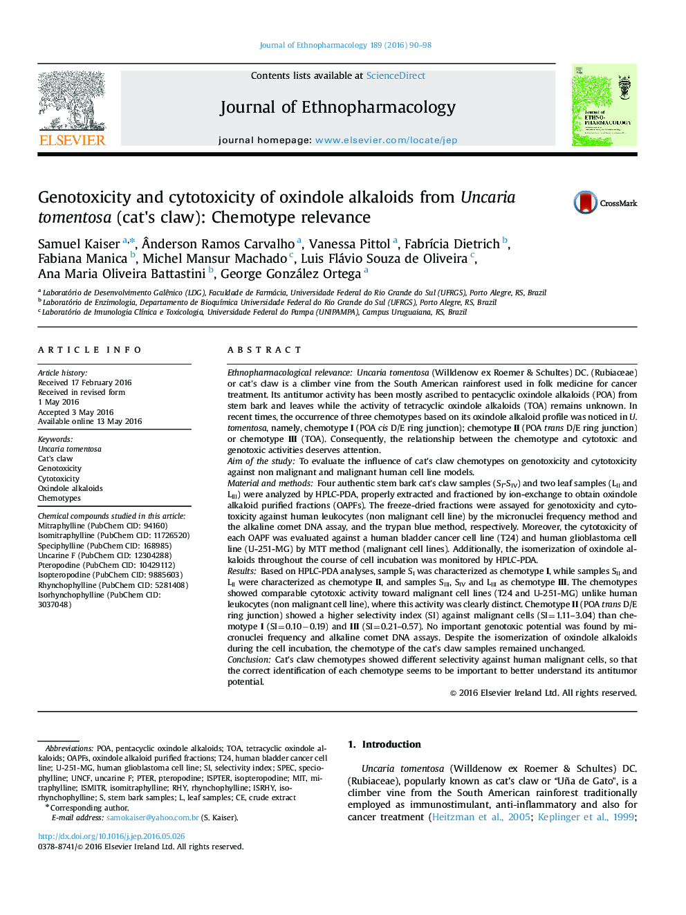 Genotoxicity and cytotoxicity of oxindole alkaloids from Uncaria tomentosa (cat's claw): Chemotype relevance