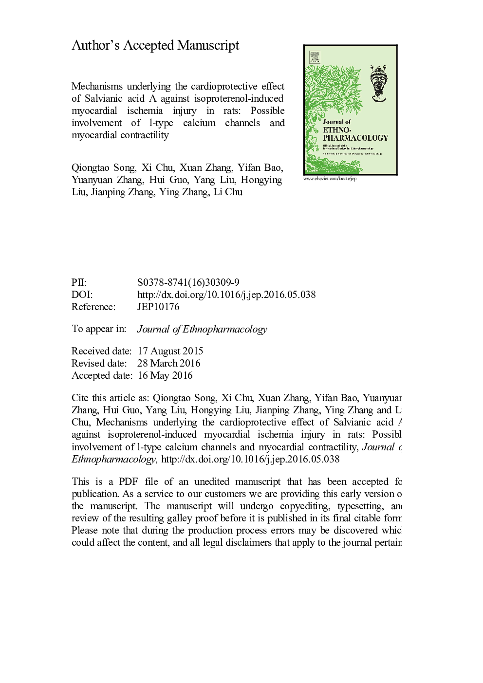 Mechanisms underlying the cardioprotective effect of Salvianic acid A against isoproterenol-induced myocardial ischemia injury in rats: Possible involvement of L-type calcium channels and myocardial contractility