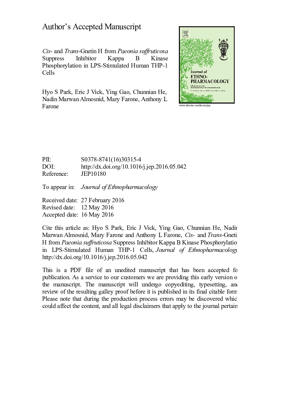 Cis- and Trans-gnetin H from Paeonia suffruticosa suppress inhibitor kappa B kinase phosphorylation in LPS-stimulated human THP-1 cells