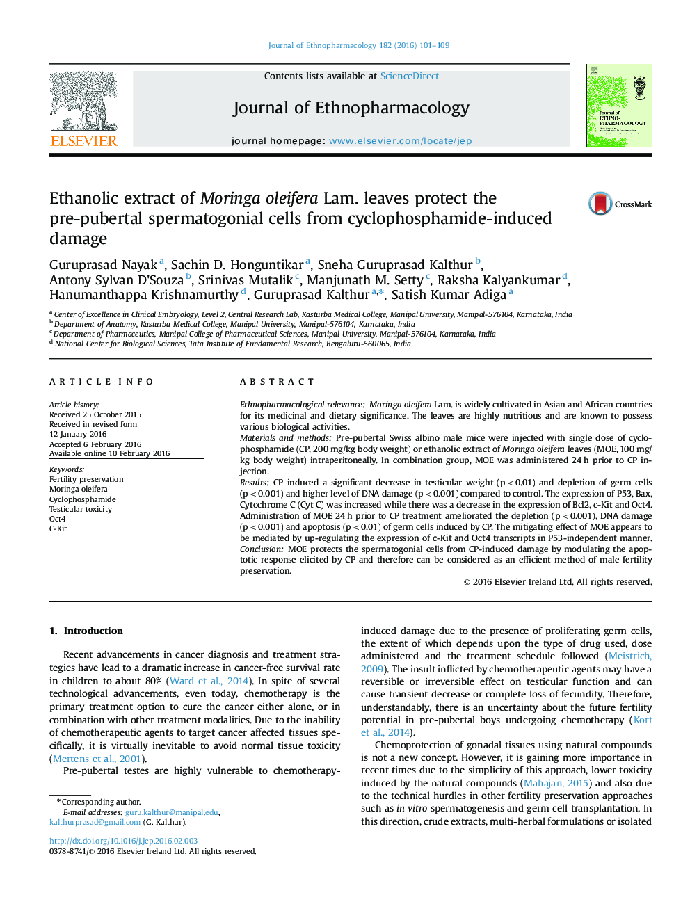 Ethanolic extract of Moringa oleifera Lam. leaves protect the pre-pubertal spermatogonial cells from cyclophosphamide-induced damage