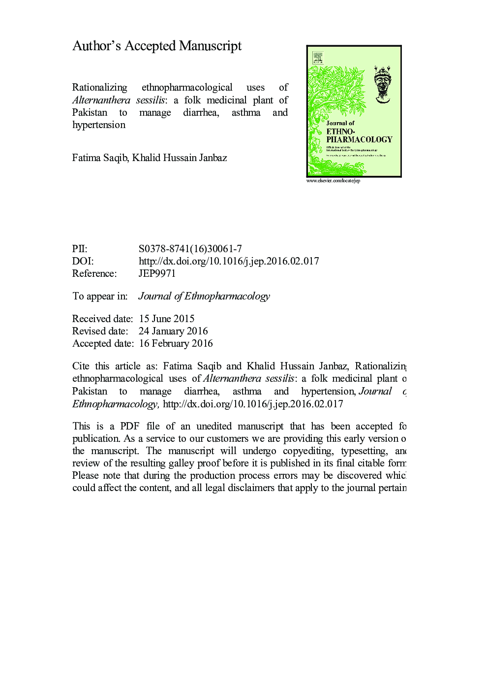 Rationalizing ethnopharmacological uses of Alternanthera sessilis: A folk medicinal plant of Pakistan to manage diarrhea, asthma and hypertension