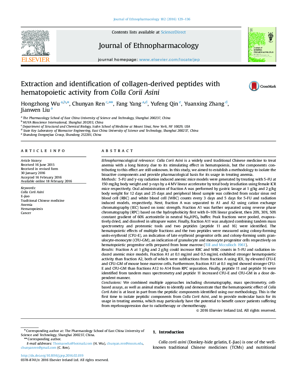 Extraction and identification of collagen-derived peptides with hematopoietic activity from Colla Corii Asini