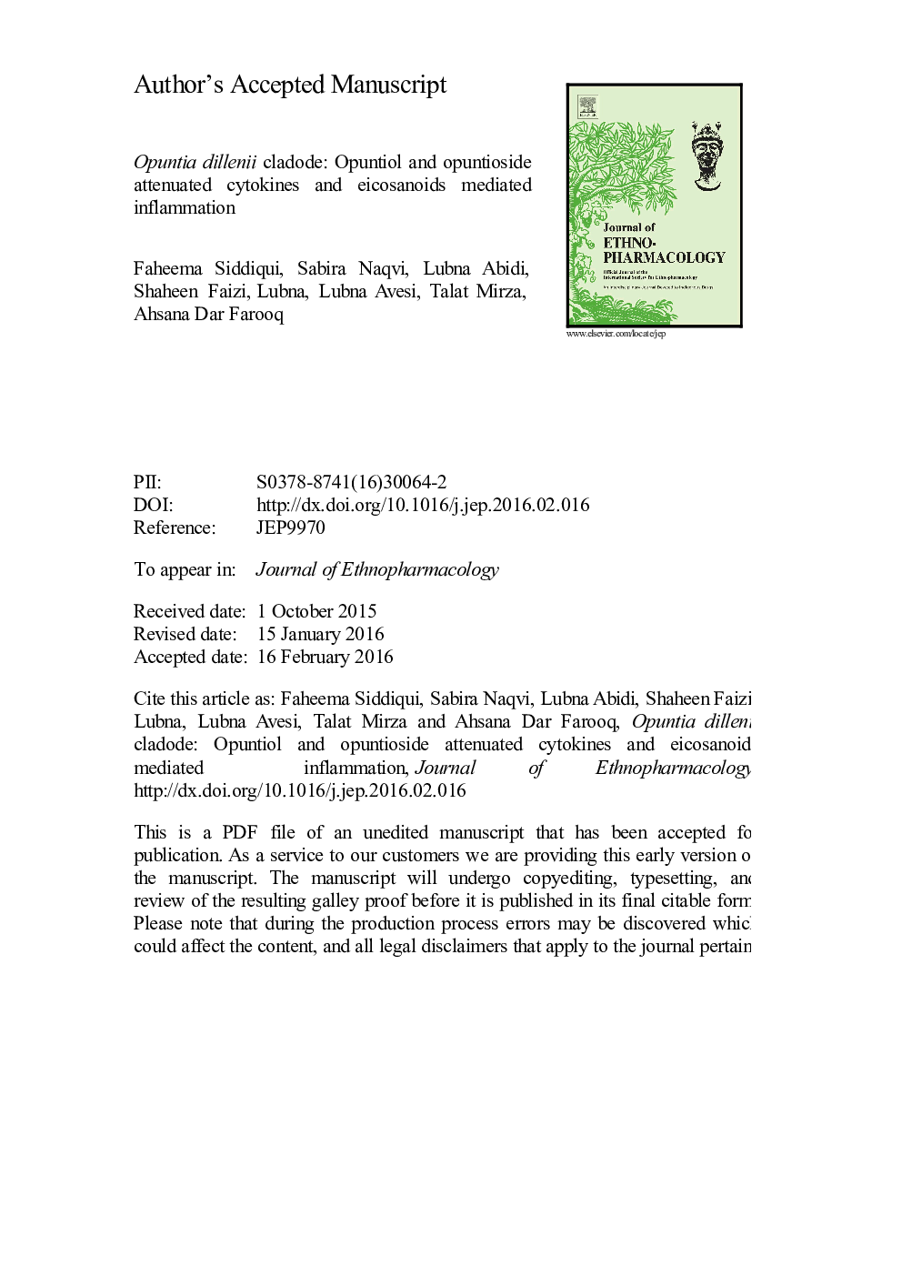 Opuntia dillenii cladode: Opuntiol and opuntioside attenuated cytokines and eicosanoids mediated inflammation