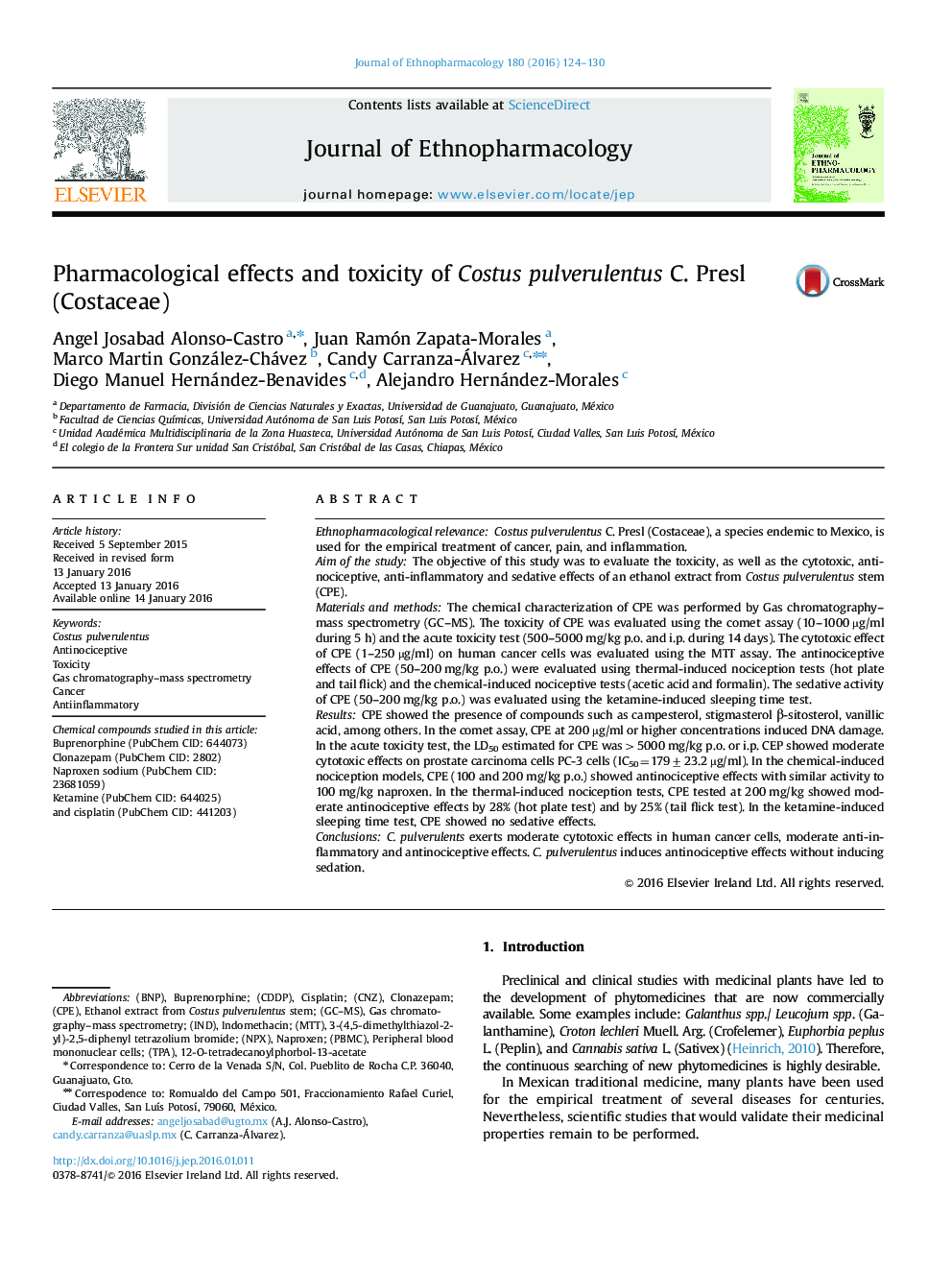 Pharmacological effects and toxicity of Costus pulverulentus C. Presl (Costaceae)