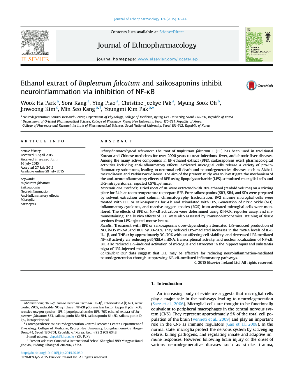 Ethanol extract of Bupleurum falcatum and saikosaponins inhibit neuroinflammation via inhibition of NF-ÎºB