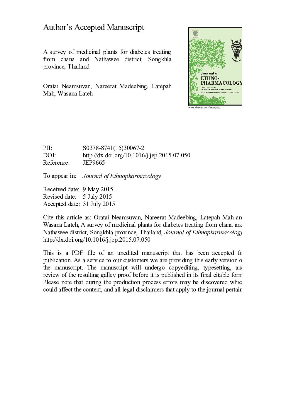 A survey of medicinal plants for diabetes treating from Chana and Nathawee district, Songkhla province, Thailand