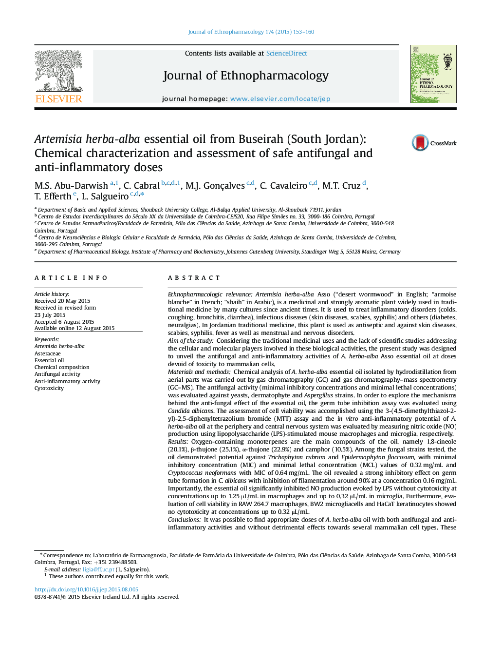 Artemisia herba-alba essential oil from Buseirah (South Jordan): Chemical characterization and assessment of safe antifungal and anti-inflammatory doses