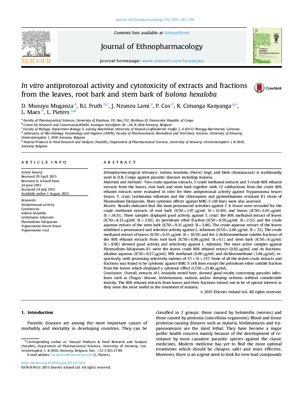 In vitro antiprotozoal activity and cytotoxicity of extracts and fractions from the leaves, root bark and stem bark of Isolona hexaloba