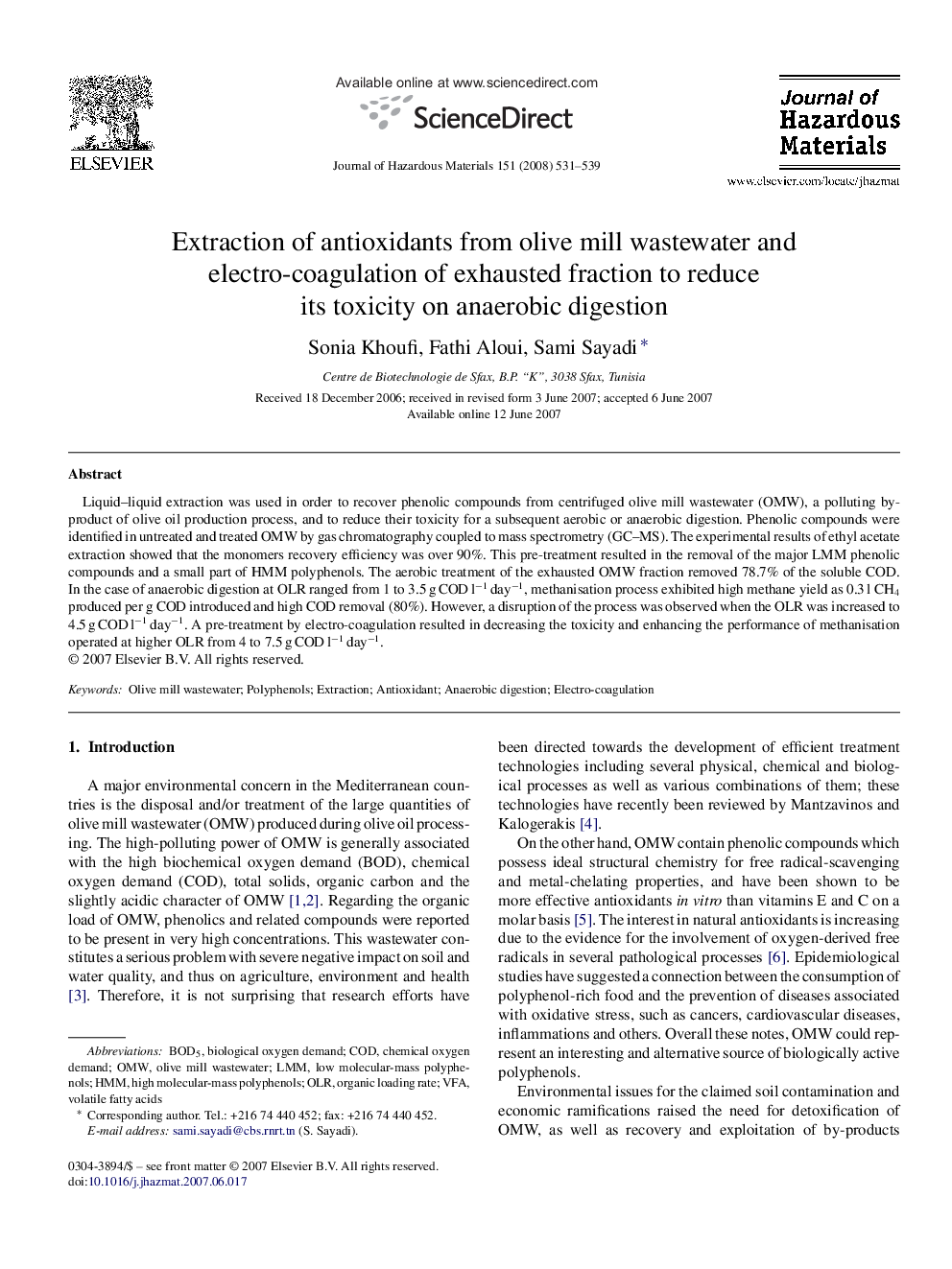 Extraction of antioxidants from olive mill wastewater and electro-coagulation of exhausted fraction to reduce its toxicity on anaerobic digestion