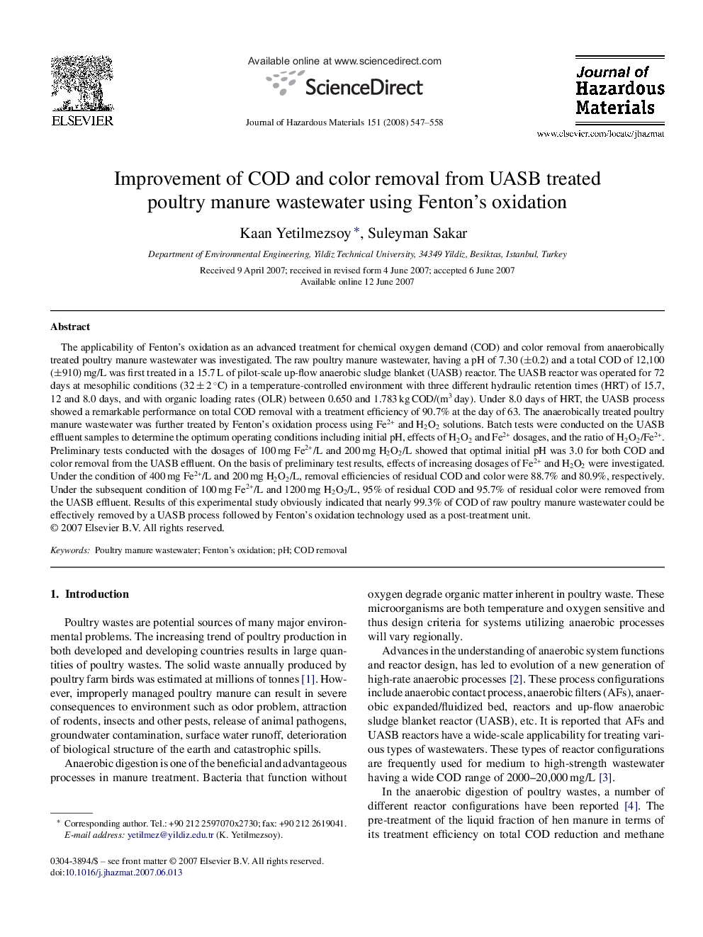 Improvement of COD and color removal from UASB treated poultry manure wastewater using Fenton's oxidation