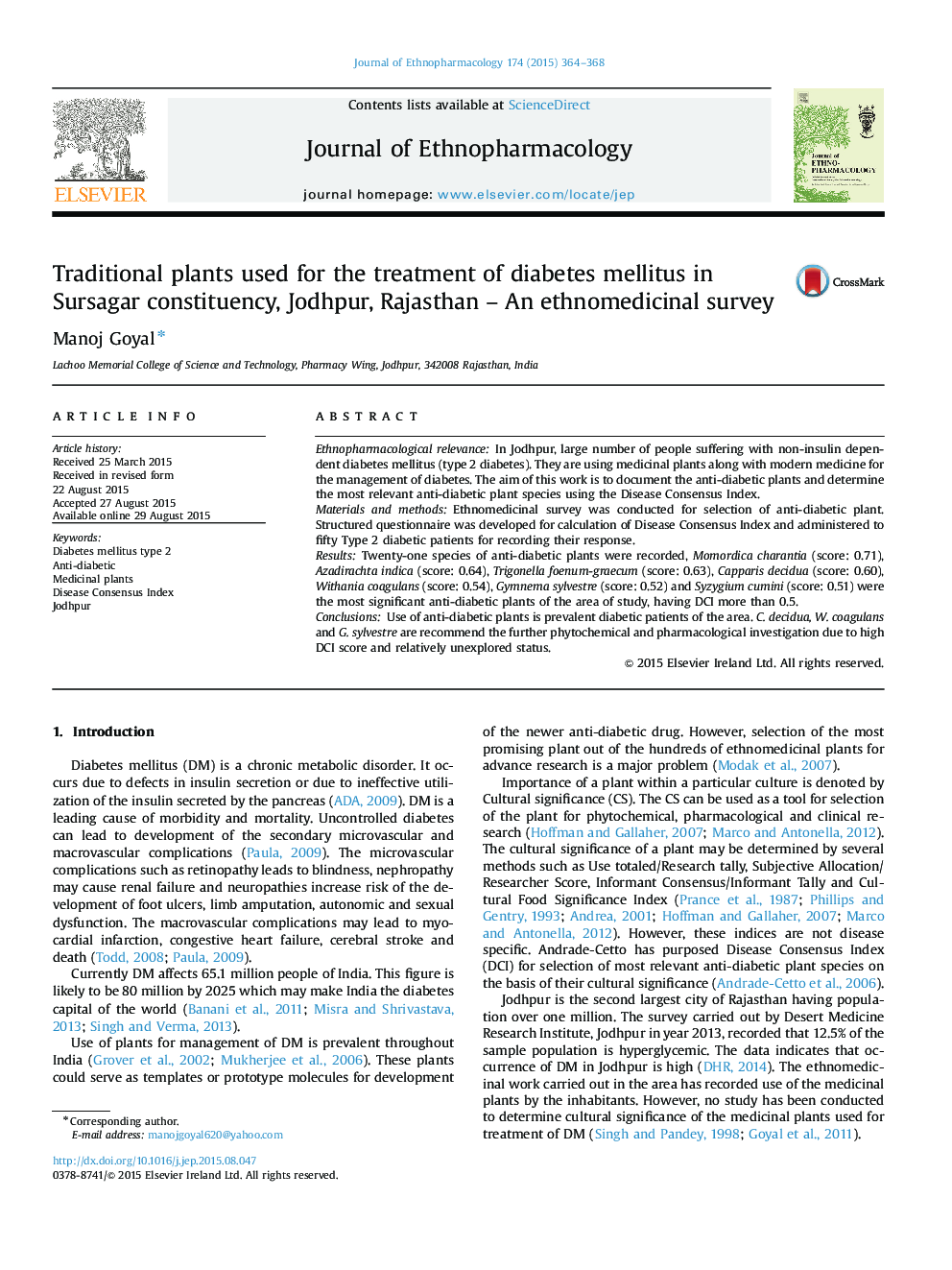 Traditional plants used for the treatment of diabetes mellitus in Sursagar constituency, Jodhpur, Rajasthan - An ethnomedicinal survey