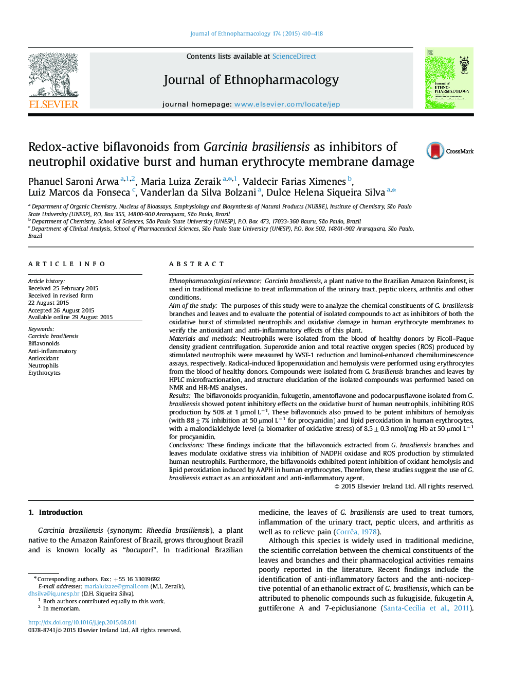 Redox-active biflavonoids from Garcinia brasiliensis as inhibitors of neutrophil oxidative burst and human erythrocyte membrane damage