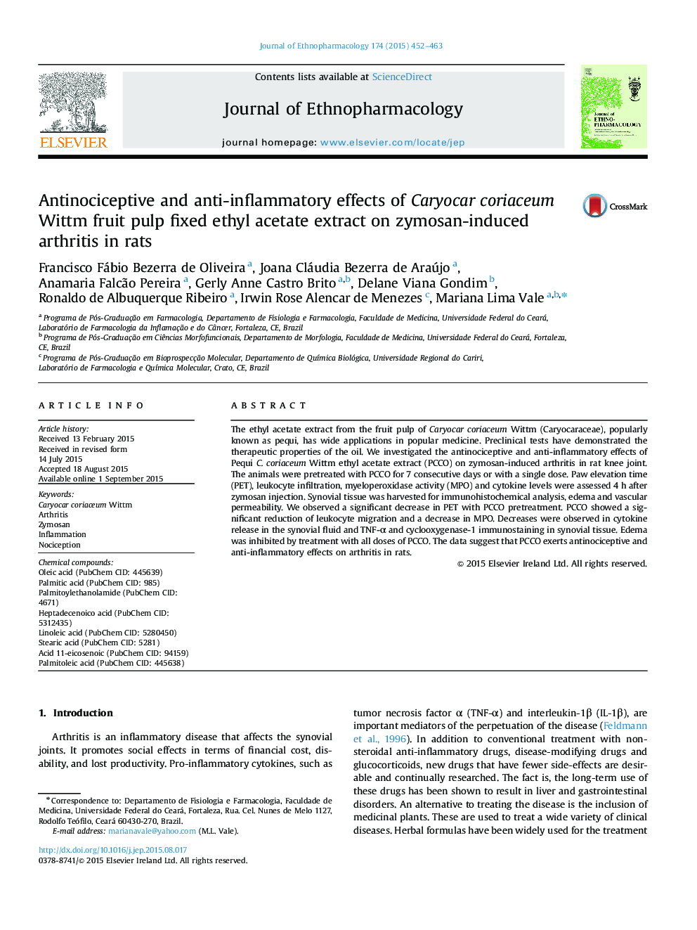 Antinociceptive and anti-inflammatory effects of Caryocar coriaceum Wittm fruit pulp fixed ethyl acetate extract on zymosan-induced arthritis in rats